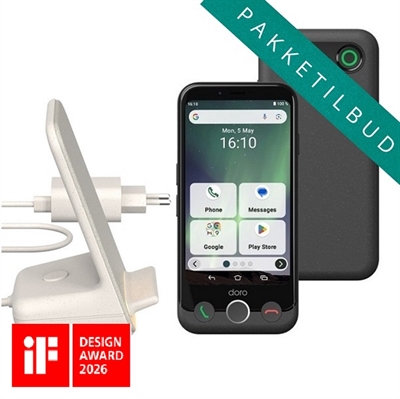 Doro PAKKE Aurora A11 smartphone 64GB | Inkl. bordlader, cover, stylus og vægoplader.