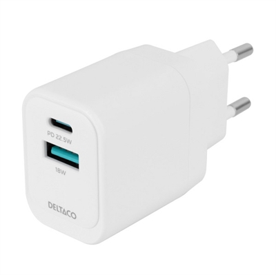 22,5W Vægoplader USB-A og USB-C hvid | hurtig oplader fra Deltaco