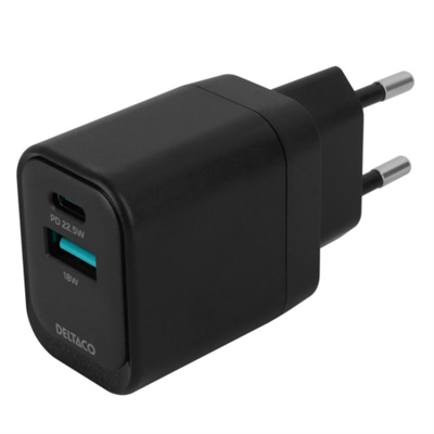 Vægoplader USB-A og USB-C fra Deltaco | 22,5 W hurtig oplader